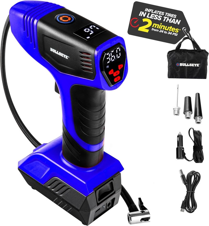 Emson Bullseye Pro Tire Inflator Portable Air Compressor, Car Tire Inflator Portable, Portable Air Pump for Car Tires - 150PSI, 12V DC 1500 mAhs with Tire Pressure Gauge, Rechargeable As Seen On TV(Blue) - Image 1